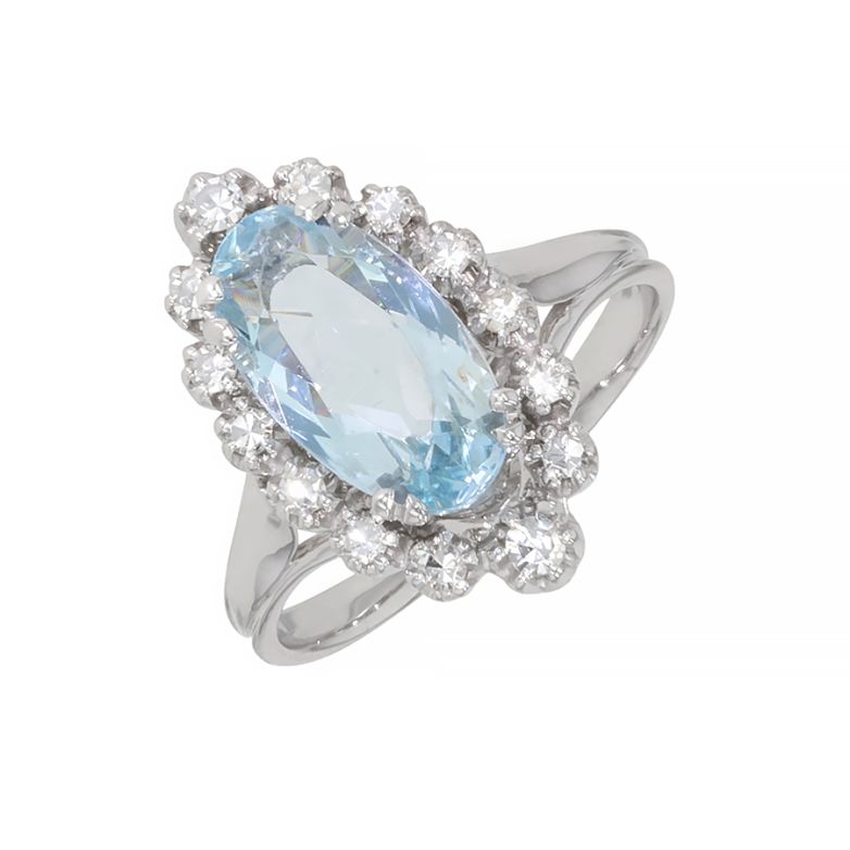 Bague vintage diamants 0.29 carat et aigue-marine 2.28 carats or blanc 5.95g Comme neuf -  reconditionné disponible sur Gemme Les Bijoux